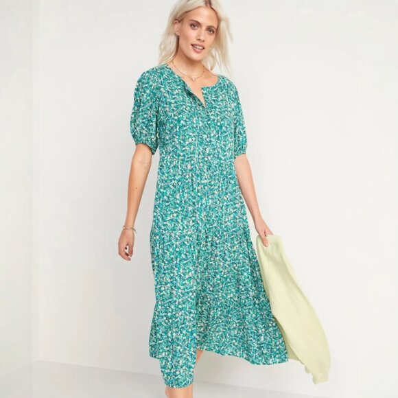 XL Old Navy Green Floral Puff-Sleeve Button-Front Midi Swing Dress - Picture 1 of 7